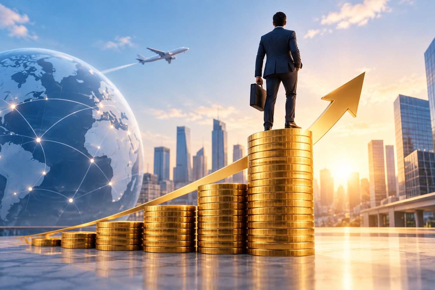 Business professional standing on rising gold coin stacks with an upward arrow, city skyline and global network representing the highest ISB MBA salary.